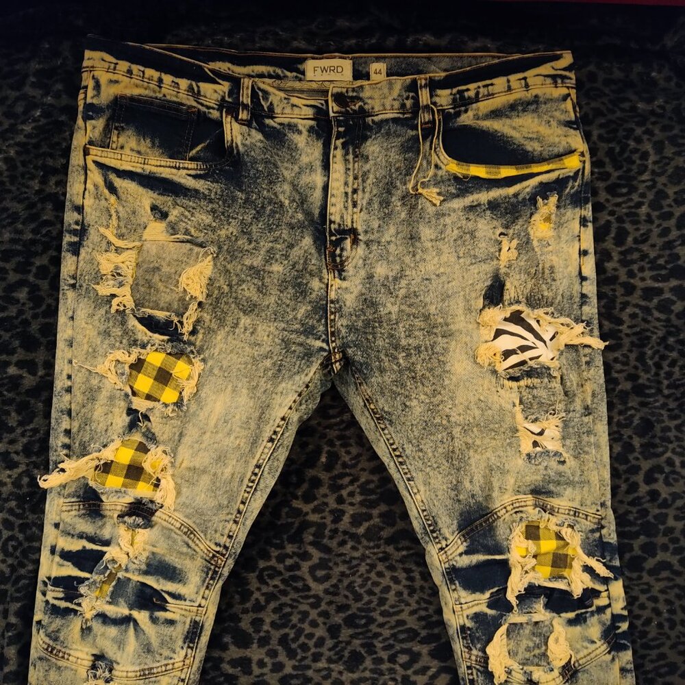 FWRD DENIM Acid Wash Distressed Jeans - Size 44 - Patched Rips